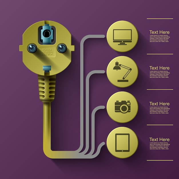 Gráficos de información empresarial, enchufe eléctrico, cuadrado con sectores de información debajo, ilustración