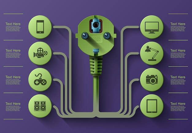 Gráficos de información empresarial, enchufe eléctrico, cuadrado con sectores de información debajo, ilustración