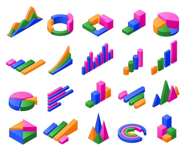 Gráficos isométricos infografía diagrama 3d gráficos de colores para datos comerciales o estadísticas financieras presentación conjunto de ilustraciones vectoriales