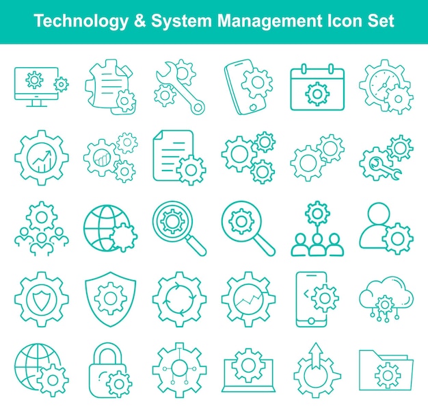 Los gráficos lineales de color cian muestran iconos asociados con la configuración y la gestión técnica del sistema