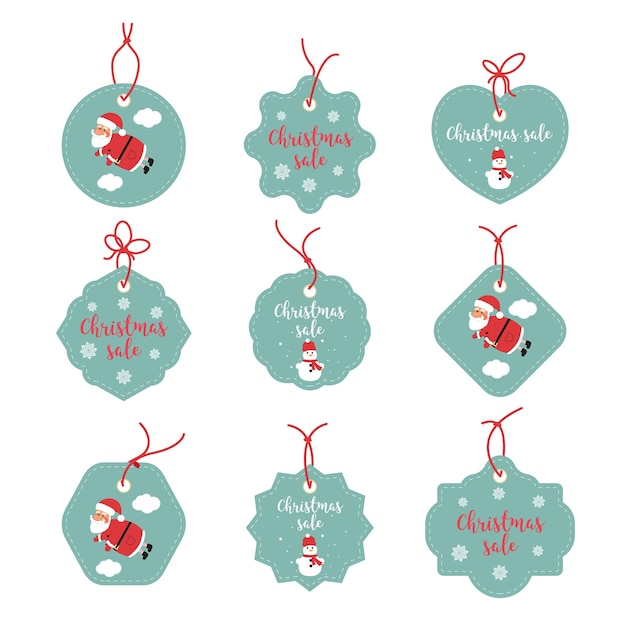 Gráficos de pegatinas de venta. Feliz Navidad etiquetas felices. Felices fiestas promo etiquetas. Santa Claus, copos de nieve, muñeco de nieve.