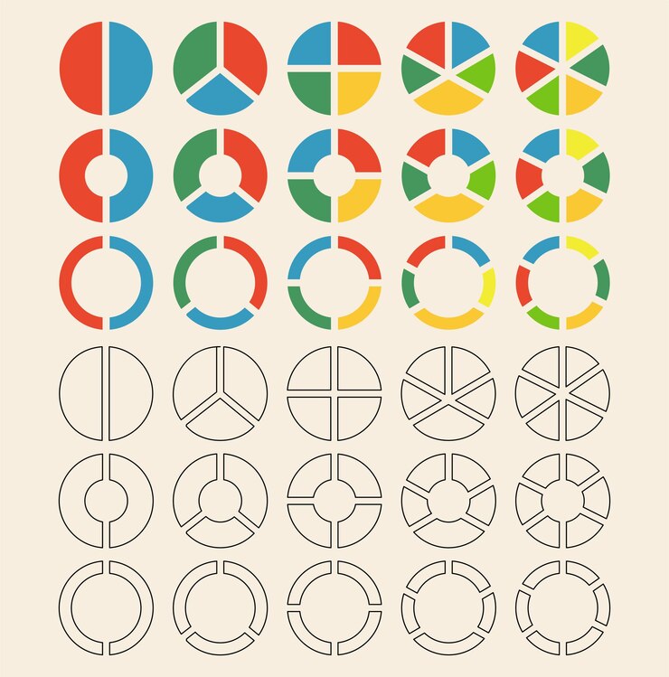 Vector gráficos de rosquillas incrementos diagramas gráficos de pastel conjunto de iconos de círculo para infografía gráfico de sección de círculo r