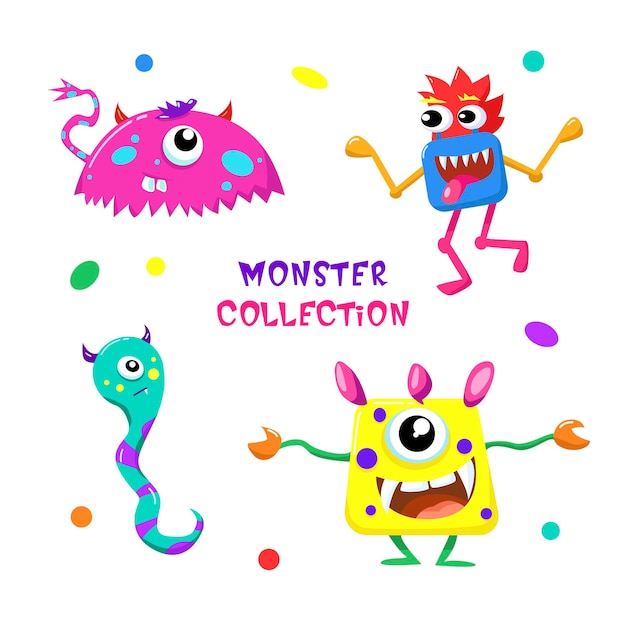 Gráficos vectoriales. Colección de personajes monstruosos. Personajes infantiles. Conjunto de monstruos.