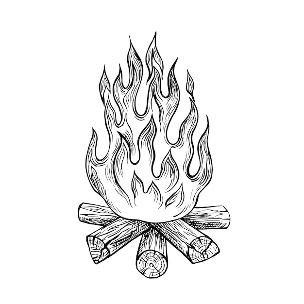 Gráficos vectoriales de fuego con la imagen de un fuego en leña Una ilustración dibujada a mano en blanco y negro