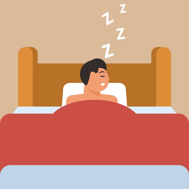 Vector gráficos vectoriales de un hombre durmiendo en su cama aislado sobre fondo blanco.