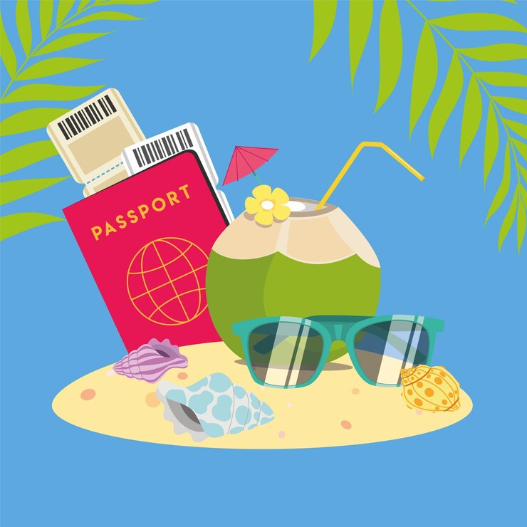 gráficos vectoriales ilustraciones vectoriales vacaciones isla de verano boletos de pasaporte vasos de bebida coco