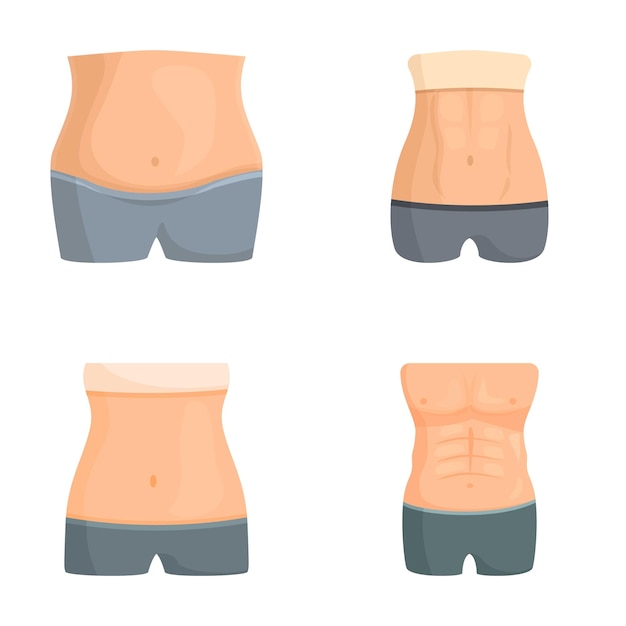Gráficos vectoriales que muestran cuatro etapas de transformación del cuerpo desde el sobrepeso hasta el ajuste