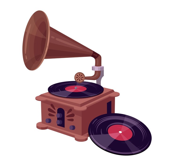 Vector gramófono antiguo con ilustración vectorial plana de vinilo fonógrafo de melodías nostálgicas en blanco