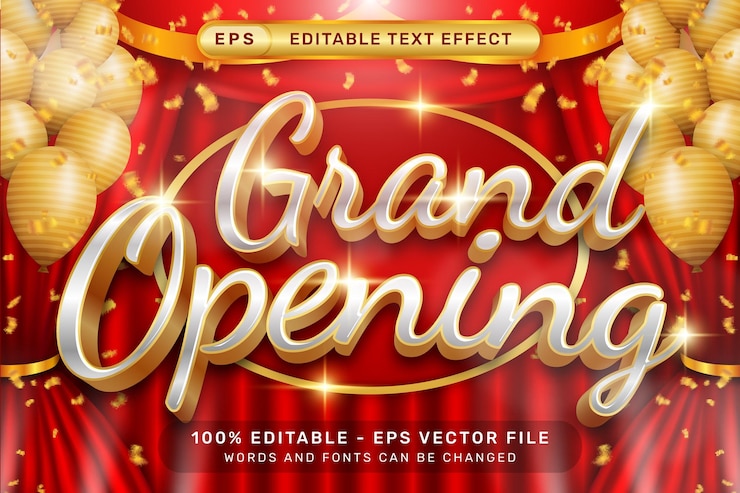 Vector gran apertura efecto de texto 3d y efecto de texto editable con cortinas rojas e ilustración de globo