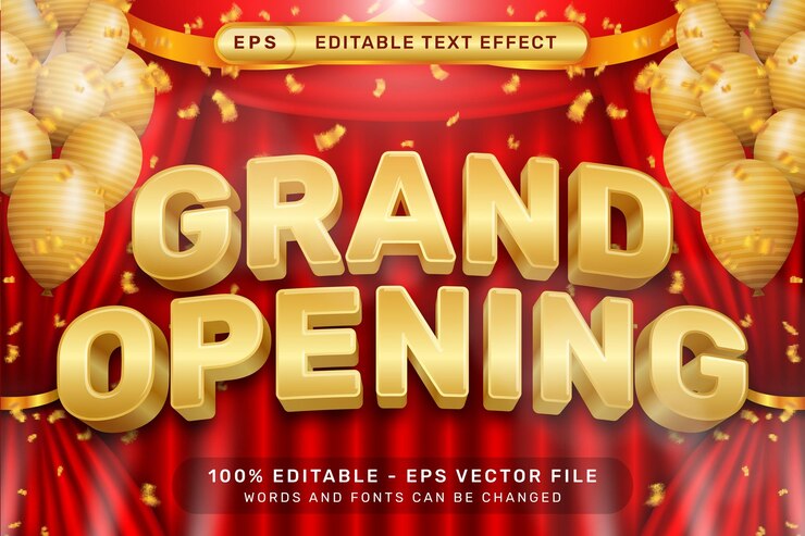 Vector gran apertura efecto de texto 3d y efecto de texto editable con cortinas rojas e ilustración de globo