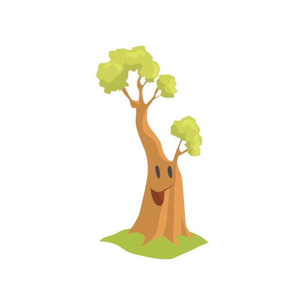 Gran árbol humanizado con expresión facial feliz Personaje de dibujos animados de bosque verde o planta de parque en estilo plano de moda Diseño para libros infantiles Ilustración vectorial colorida aislada sobre fondo blanco