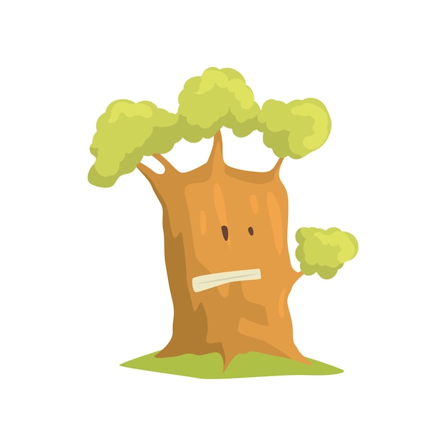Gran árbol humanizado con rostro emocional Elemento forestal natural Personaje de dibujos animados de planta de parque verde Diseño gráfico para libros infantiles Ilustración vectorial plana colorida aislada sobre fondo blanco