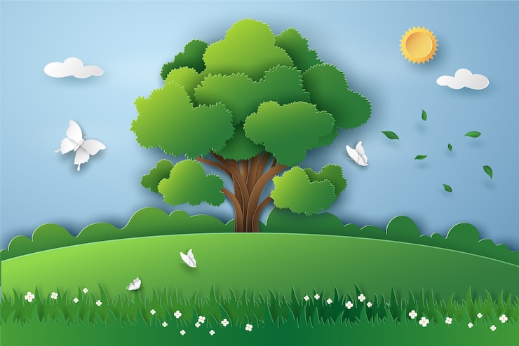 Gran árbol y mariposa en paisaje de naturaleza verde con eco energía y concepto de medio ambiente. Diseño de arte de ilustración vectorial en estilo de corte de papel.