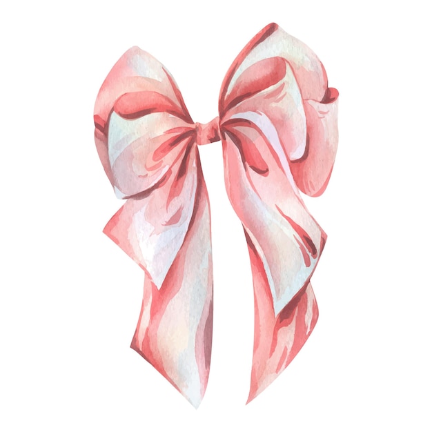 Un gran arco hecho de cinta ancha multicapa en tonos de coral rosado y melocotón ilustración en acuarela