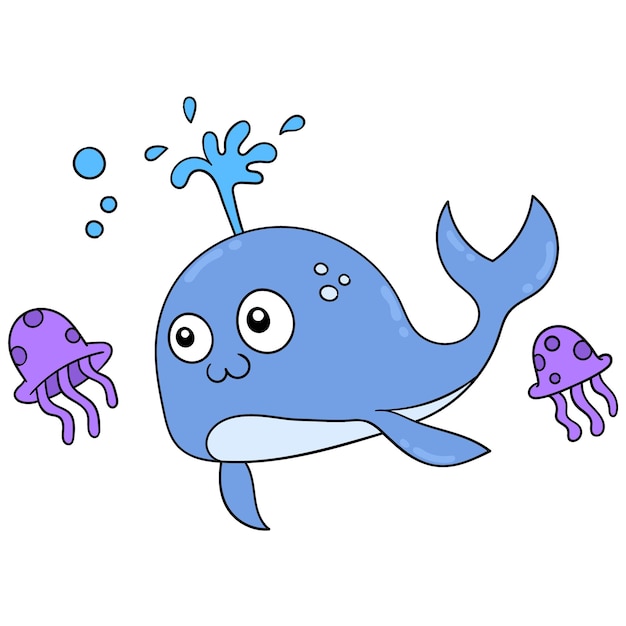 Gran ballena nadando con medusas en el mar, arte de ilustración vectorial. imagen de icono de doodle kawaii.