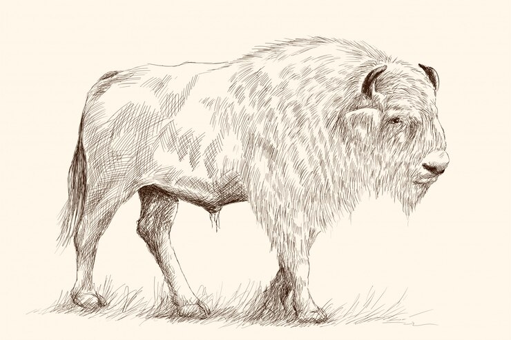 Vector un gran bisonte viejo está de pie sobre la hierba. dibujo a lápiz a mano boceto en beige