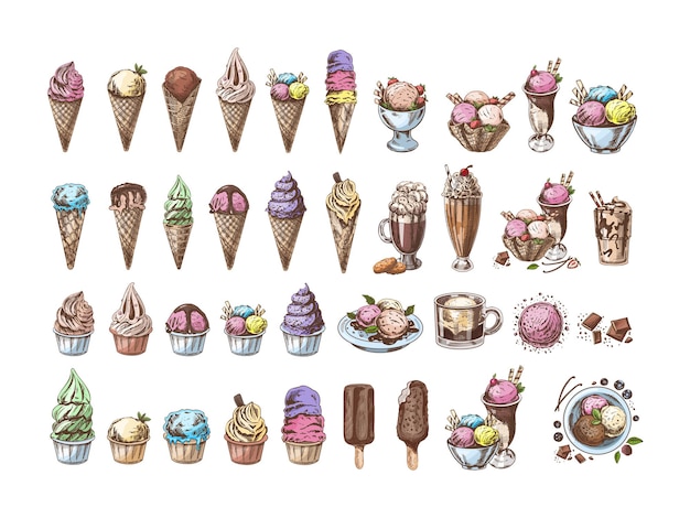 Gran boceto coloreado dibujado a mano de helado o yogur congelado en tazas y conos batidos pasteles