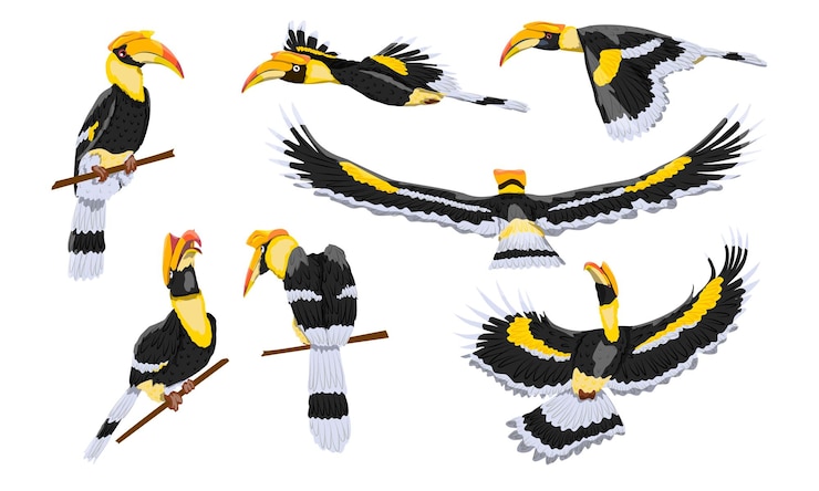 Vector gran cálao buceros bicornis conjunto ave tropical gran cálao indio