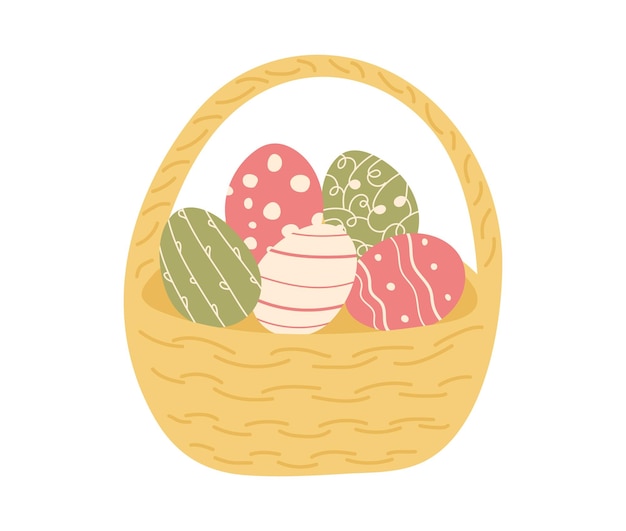 Gran canasta amarilla llena de huevos de Pascua es dibujada a mano Las cáscaras de huevo están pintadas y decoradas con diferentes patrones círculos líneas y rayas en estilo doodle Cuna de mimbre con comida navideña