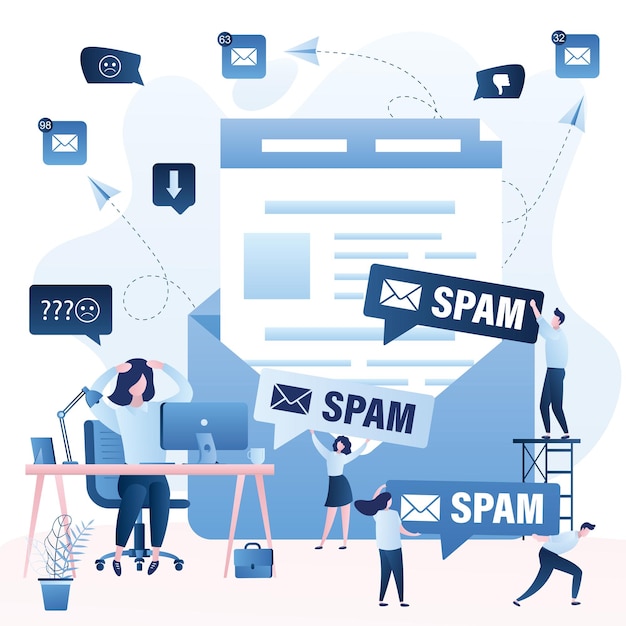 Gran carta de correo electrónico y mujer de negocios infeliz en el lugar de trabajo Spamming y ataque de piratería