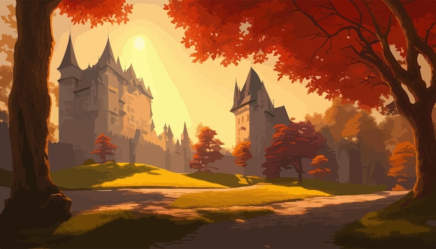 Un gran castillo con una torre en la cima de una colina rodeada de árboles de otoño ilustración vectorial