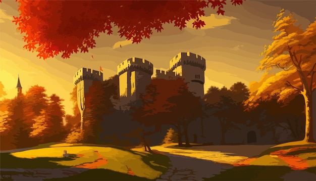 Un gran castillo con una torre en la cima de una colina rodeada de árboles de otoño ilustración vectorial