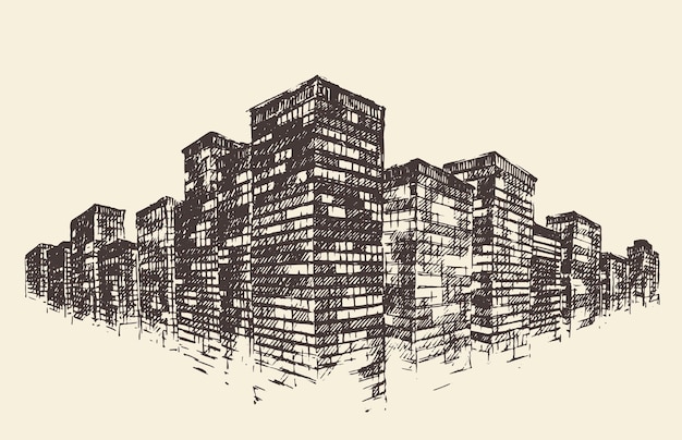 Gran ciudad, arquitectura, bienes raíces, ilustración grabada