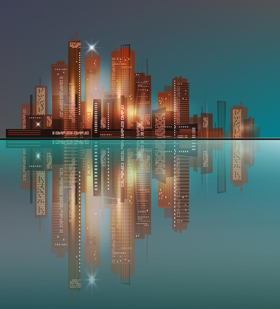 Gran ciudad en la noche Fondo de paisaje urbano con arquitectura rascacielos megapolis edificios