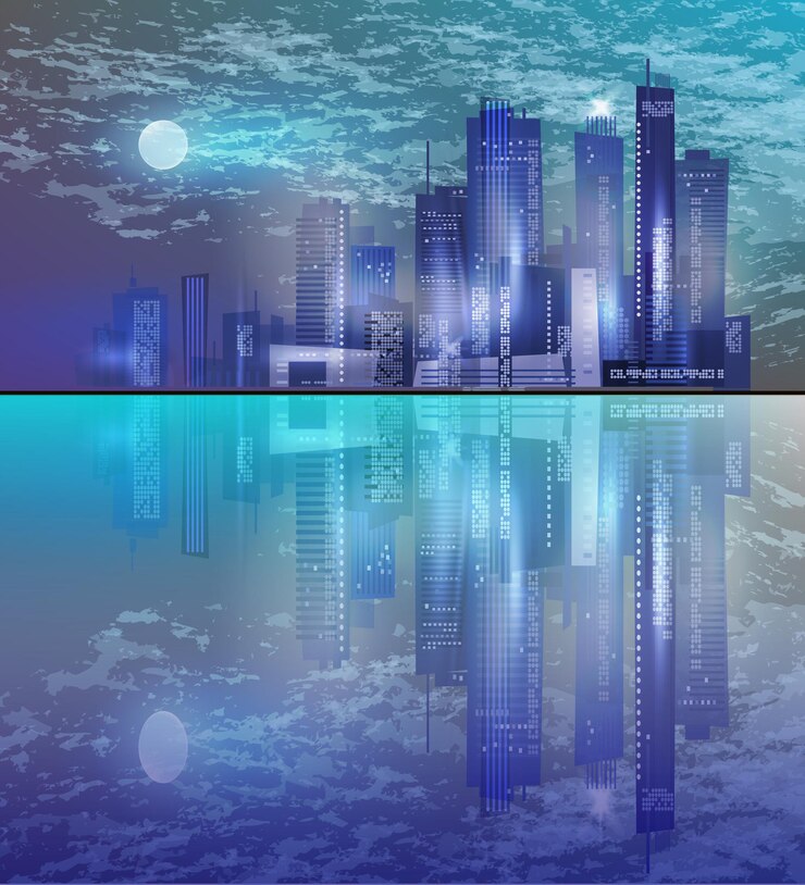 Vector gran ciudad en la noche fondo de paisaje urbano con arquitectura rascacielos megapolis edificios
