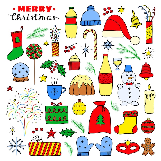 Gran colección de artículos de colores de Navidad y Año Nuevo aislados sobre un fondo blanco