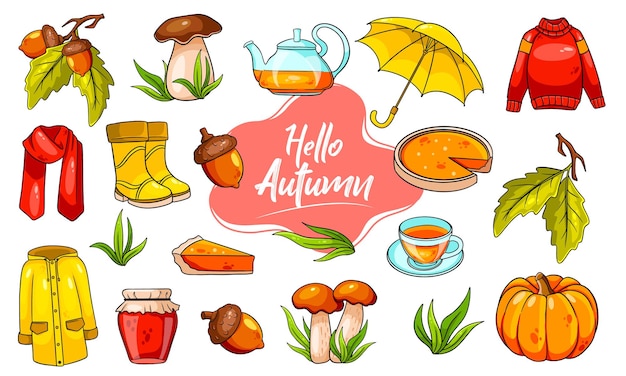 Vector gran colección de artículos de otoño botas de lluvia de té de calabaza setas en estilo de dibujos animados