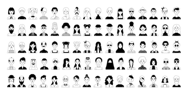 Vector gran colección de avatares. personajes divertidos y serios en estilo de dibujos animados. gráficos en blanco y negro.