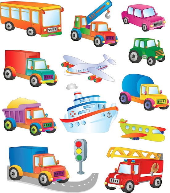 Vector una gran colección de coches y vehículos de dibujos animados. ilustración vectorial