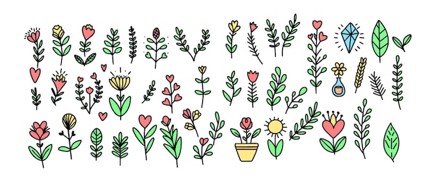 Gran colección de dibujos florales dibujados a mano elementos de primavera con contornos coloreados gran conjunto dibujado a mano