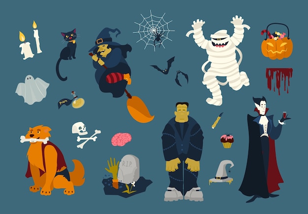 Gran colección de divertidos y espeluznantes personajes de dibujos animados de Halloween: zombies, momias, fantasmas, brujas volando en escoba, gato negro, muertos, vampiros, arañas en la web, murciélagos. Ilustración de vector plano colorido festivo.