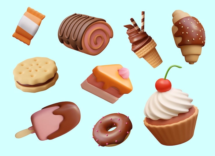 Vector gran colección de dulces y postres realistas al estilo de dibujos animados