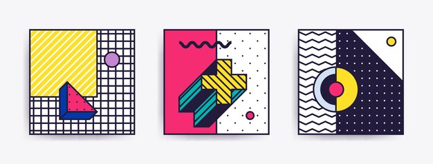 Gran colección con fondos de moda para su proyecto, animación, publicidad, banner comercial, folleto, venta, marco. Póster simple, parches, insignias en mix neo memphis, estilo pop art.