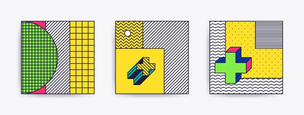 Gran colección con fondos de moda para su proyecto, animación, publicidad, banner comercial, folleto, venta, marco. Póster simple, parches, insignias en mix neo memphis, estilo pop art.