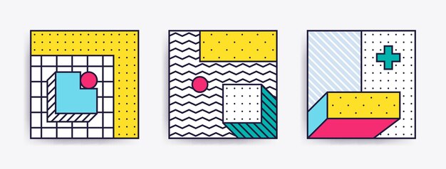 Gran colección con fondos de moda para su proyecto, animación, publicidad, banner comercial, folleto, venta, marco. Póster simple, parches, insignias en mix neo memphis, estilo pop art.
