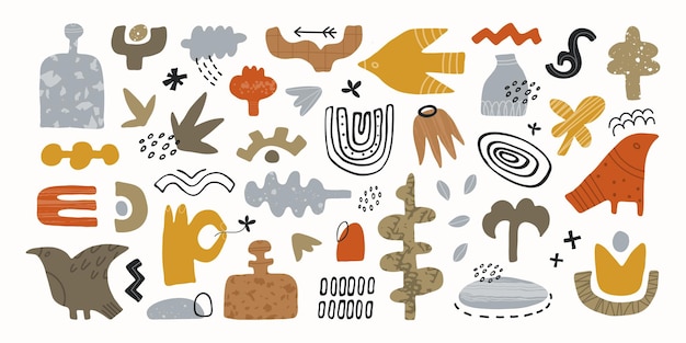 Gran colección de formas abstractas dibujadas a mano y elementos de garabatos de contorno Ilustración de vector plano
