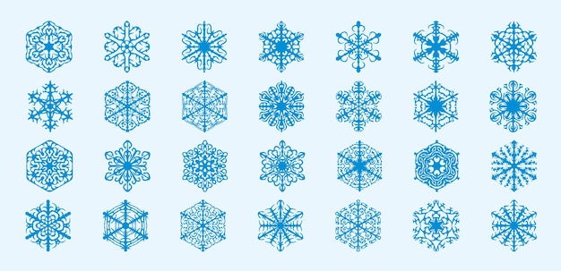 Gran colección de iconos de copos de nieve azules