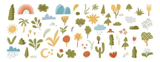 Gran colección de imágenes prediseñadas planas de plantas de parque aisladas en blanco. Árbol forestal, naturaleza tropical, ilustración de vector de conjunto botánico. Flores silvestres, bosque escandinavo, rama de dibujos animados, hojas de hierbas