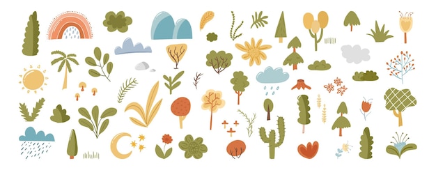 Vector gran colección de imágenes prediseñadas planas de plantas de parque aisladas en blanco. árbol forestal, naturaleza tropical, ilustración de vector de conjunto botánico. flores silvestres, bosque escandinavo, rama de dibujos animados, hojas de hierbas