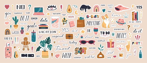 Gran colección de lindas pegatinas planificador semanal de moda para diarios y listas de tareas pendientes