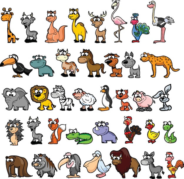 Gran colección de lindos animales de dibujos animados, aves y criaturas marinas del mundo Gran fauna del conjunto de iconos del mundo Ilustración vectorial aislada en blanco
