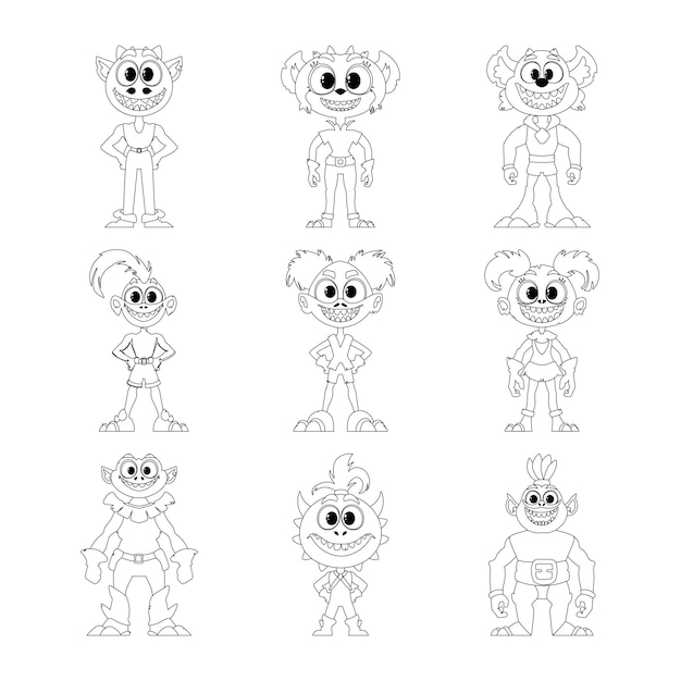 Gran colección con monstruos de personajes de dibujos animados divertidos y extraños Página para colorear para niños