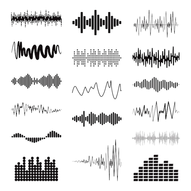 Gran colección de ondas de sonido negras Conjunto de símbolos de diseño de logotipos de audio aislados Elementos de ecualizador de vectores Reproductores de música de pulso