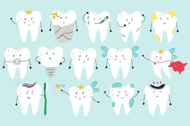 Gran colección de personajes de dibujos animados dientes de hadas blancos con diferentes emociones