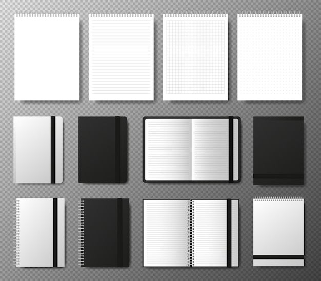 Vector gran colección plantilla de cuaderno abierto y cerrado negro en blanco realista con banda elástica y marcador sobre fondo transparente cuatro cuadernos realistas líneas y puntos página de papel