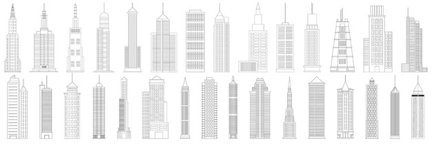 Gran colección de rascacielos doodle Conjunto de iconos de contorno de rascacielos Edificios de oficinas de negocios